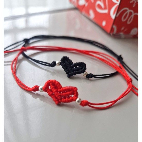 Makrome Kalp Çift Bilekliği 925 Ayar Gümüş