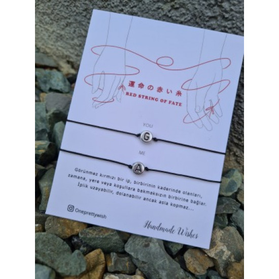 Harfli Red String Siyah İpli Çift Bilekliği 