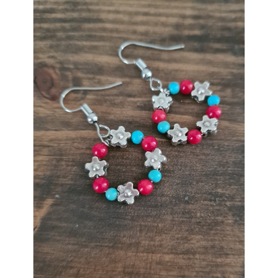 Mercan Turkuaz Çiçekli Gümüş Kaplama Halka Küpe