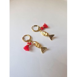 Şans Balığı Çelik Küpe Kırmızı Püsküllü