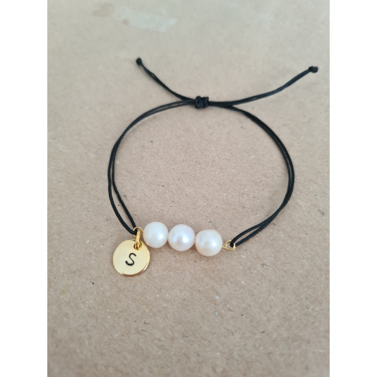Kişiye Özel Harfli Barok İnci Siyah İpli Bileklik