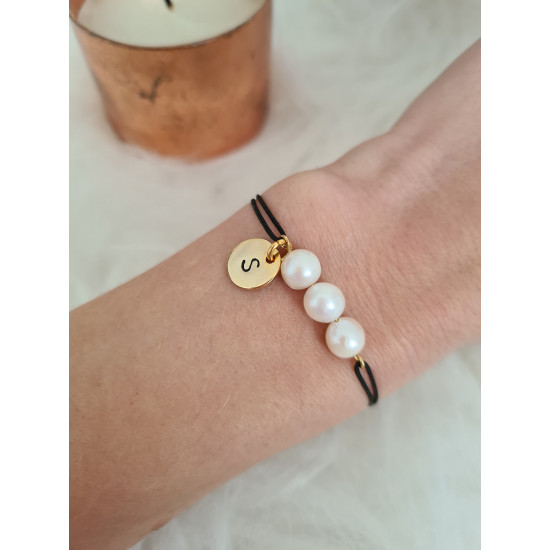 Kişiye Özel Harfli Barok İnci Siyah İpli Bileklik