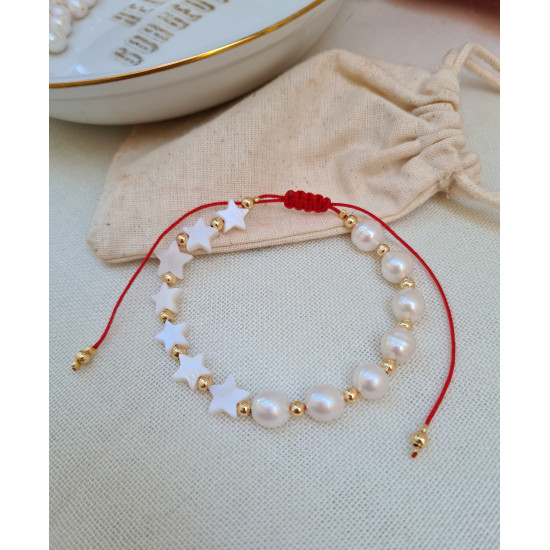 Sedef Yıldız İnci Kırmızı İp Bileklik