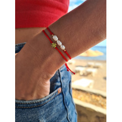 Arpa İnci ve Yonca Kırmızı İp Kombin Bileklik