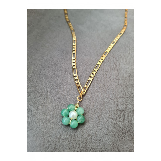 Aventurin İnci Papatya Figaro Zincir Kolye