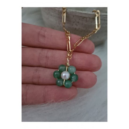 Aventurin İnci Papatya Figaro Zincir Kolye