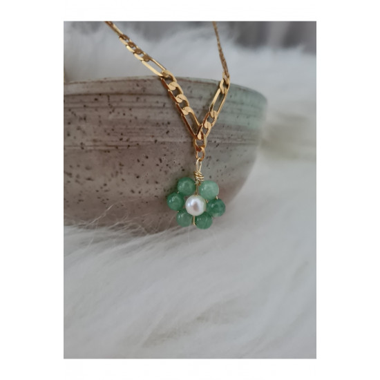 Aventurin İnci Papatya Figaro Zincir Kolye