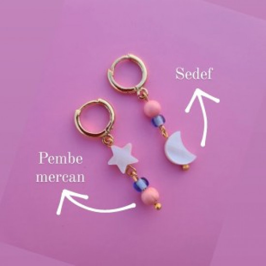 Sedef Taşlı Yıldız Ay Pembe Mercan Doğal Taşlı Çift Küpe 