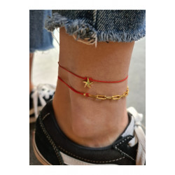 Kırmızı İp Gold Zincir Kombin Halhal