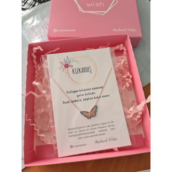 Kızkardeş Kelebek Kolye Turkuaz Taşlı 