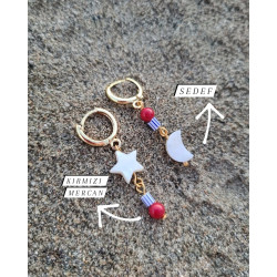 Kırmızı Mercan Sedef Ay Yıldız Küpe Çift 