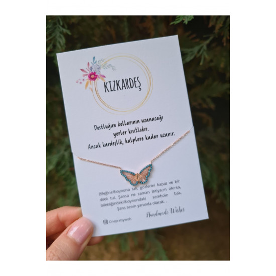 Kızkardeş Kelebek Kolye Turkuaz Taşlı 