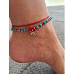 Turkuaz ve Mercan Taşlı Kırmızı İp Düğümlü Göz Sembol Halhal 