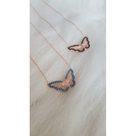 Kızkardeş Kelebek Kolye Turkuaz Taşlı 