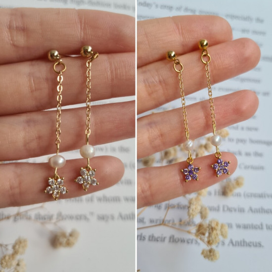 Sallantılı Çiçekli İnci Küpe Çift  