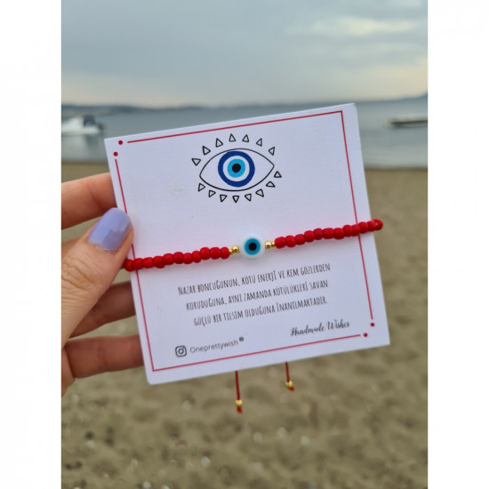 Kırmızı Boncuklu Nazar Kartlı Bileklik 
