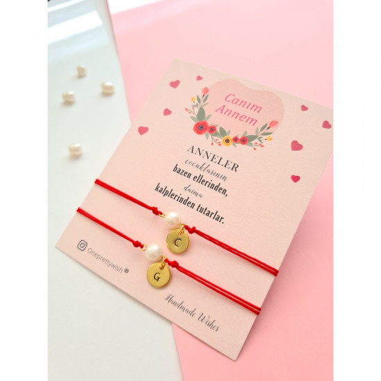 Harfli Kırmızı İp İnci Bileklik Çift Anne Kız	