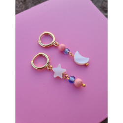 Sedef Taşlı Yıldız Ay Pembe Mercan Doğal Taşlı Çift Küpe 