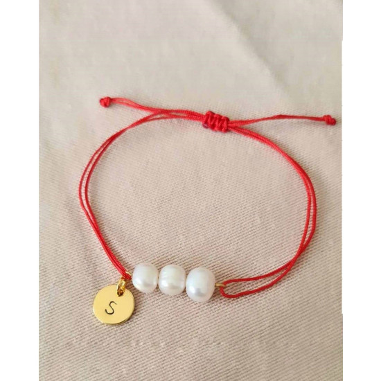 Kişiye Özel Harfli Barok İnci Kırmızı İpli Bileklik