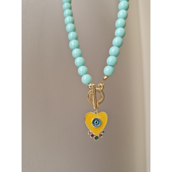 Sarı Nazar Kalp Detay Kolye