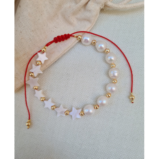 Sedef Yıldız İnci Kırmızı İp Bileklik