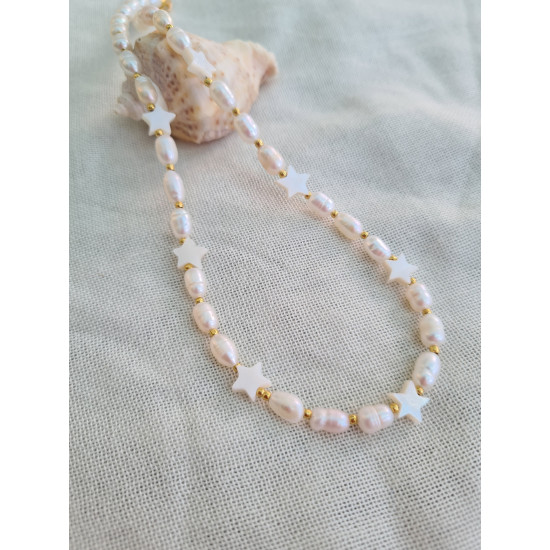 İnci Doğal Taş ve Sedef Taşlı Yıldız Sembollü Kolye