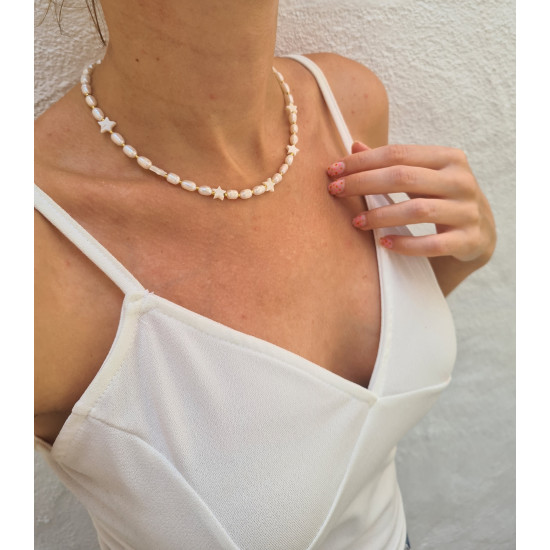 İnci Doğal Taş ve Sedef Taşlı Yıldız Sembollü Kolye